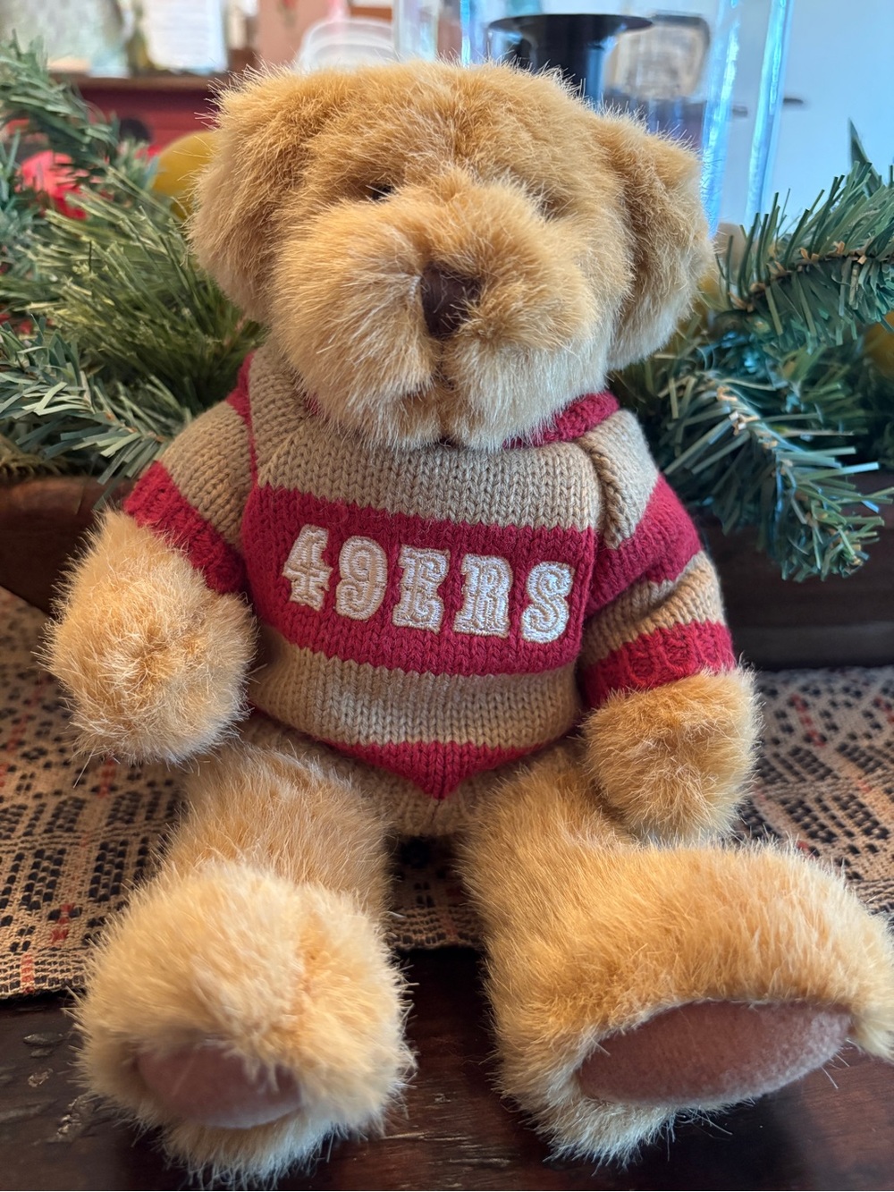 Russ Vintage Tan Plush Bear Wearing Red and Tan Team Sweater